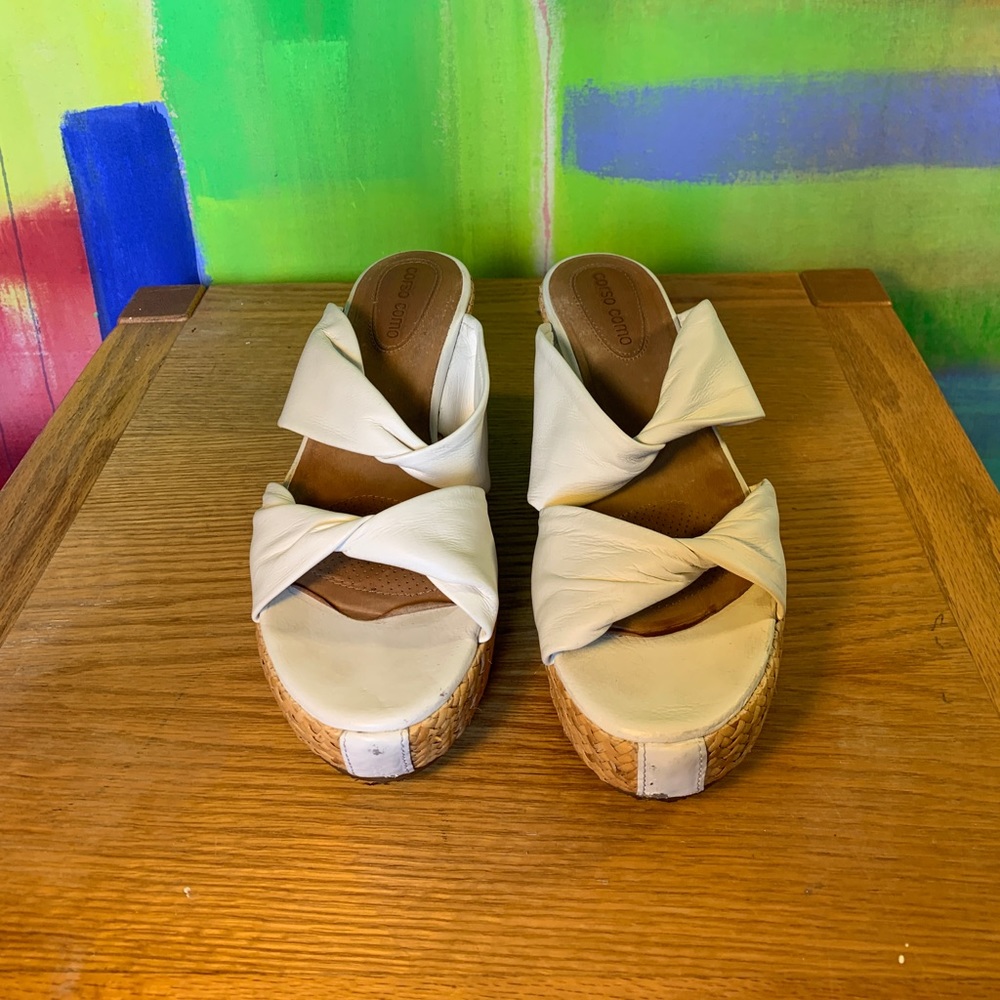 Corso Como White Leather Platform Wedge Sandals Size 7.5.